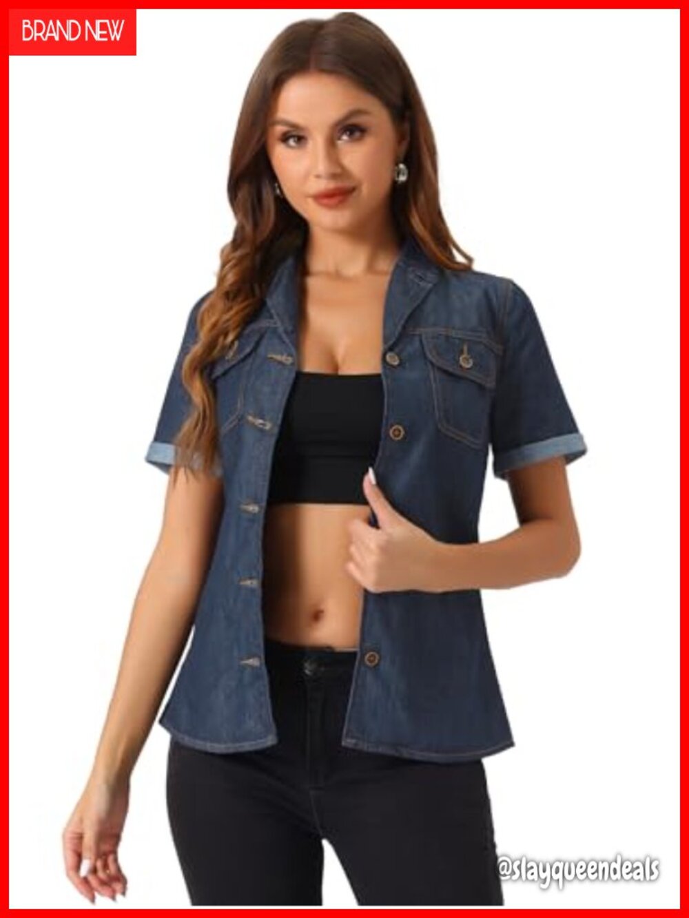 Women's Short Sleeve Denim Button Down Shirt Lightweight Chambray Top